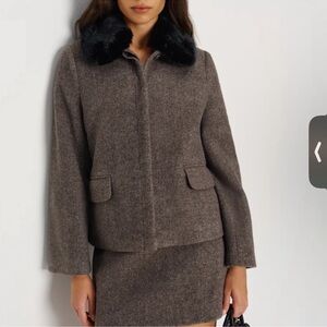 Reformation Brown Blazer with Black Faux Fur Collar